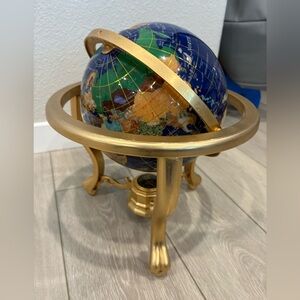 14" TALL BLUE OCEAN GEMSTONE GLOBE & TRIPOD GOLD STAND & COMPASS
